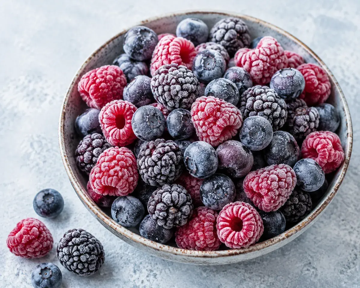 Frozen raspberries, blueberries and blackberries covered in frost in a bowl beside a glass of deep purple smoothie