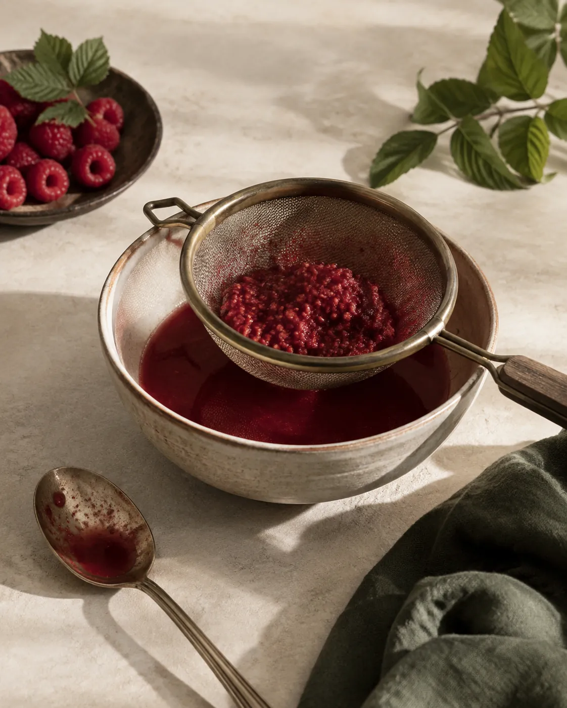 A fine sieve holding raspberry seeds and pulp above a bowl of smooth strained purée