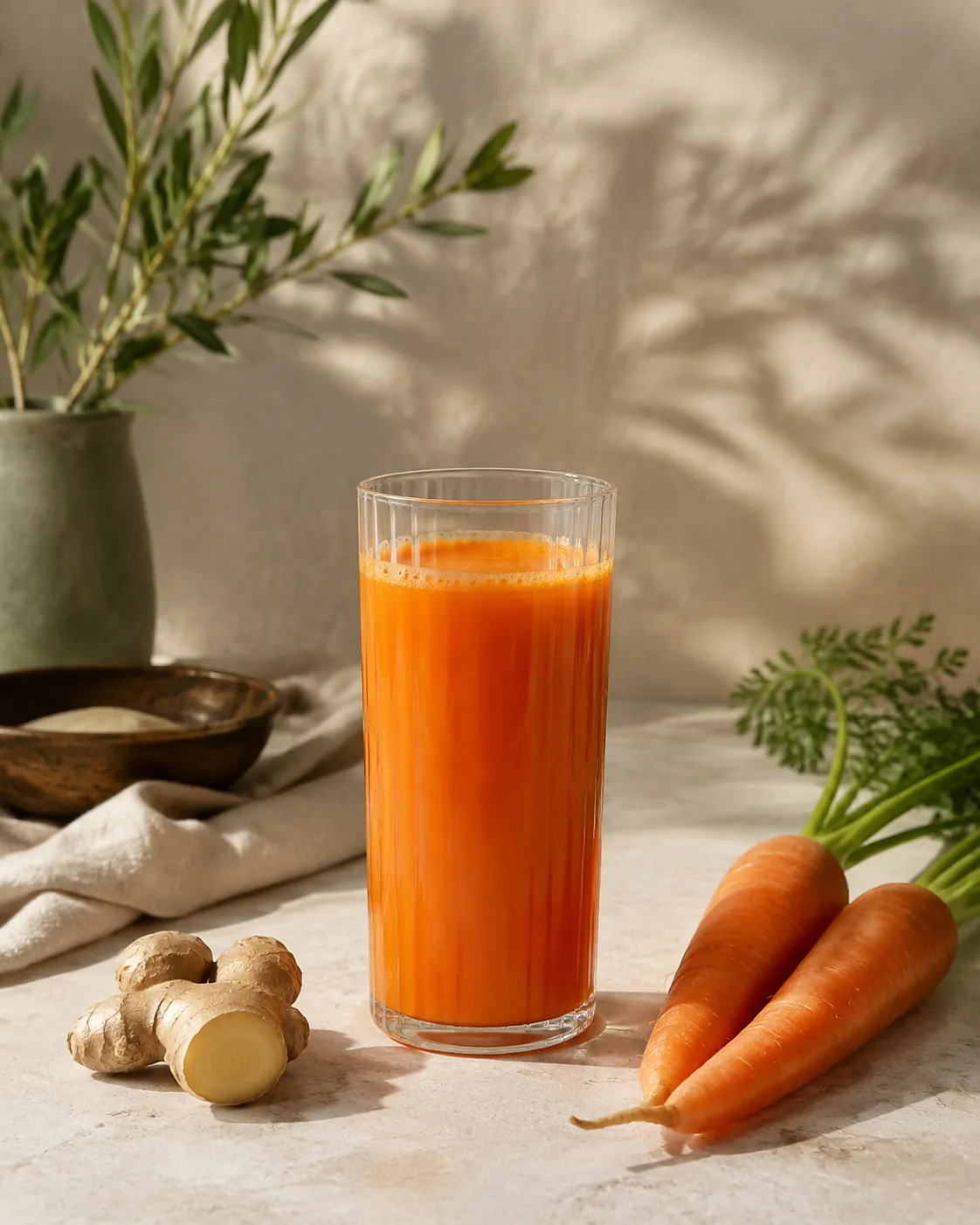 A tall glass of carrot and ginger juice on pale stone with a knob of fresh ginger and two whole carrots beside it