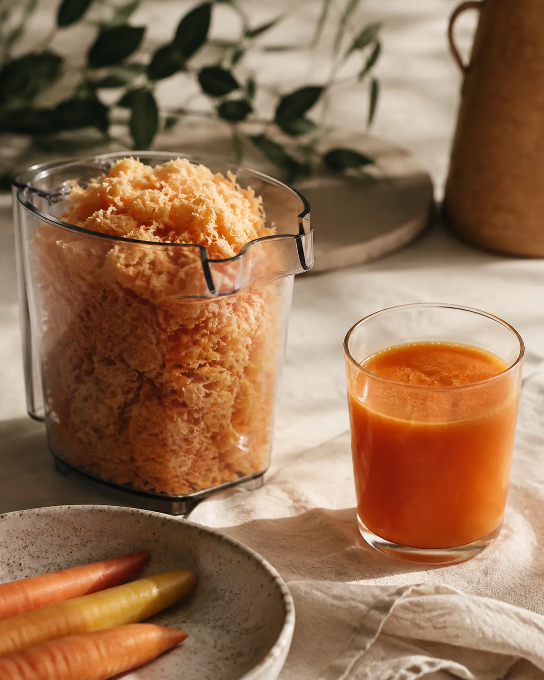 A juicer pulp container full of dry pale orange shredded carrot fibre beside a small glass of dense deep orange juice