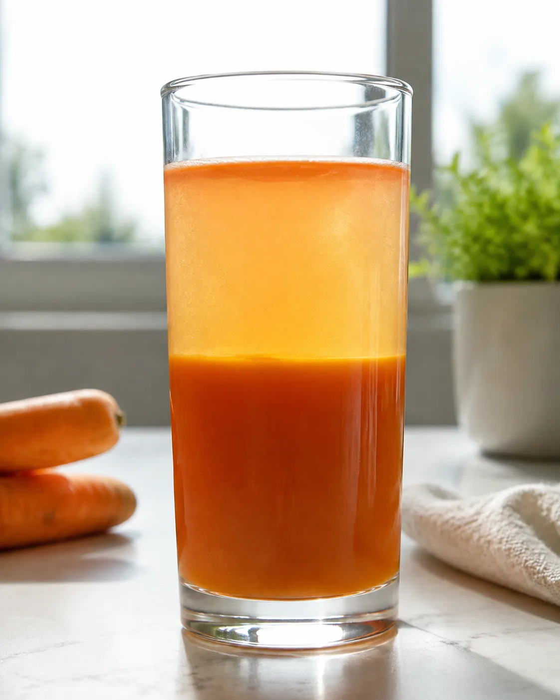 A glass of carrot juice that has stood and separated into a dense deep orange lower layer and a paler watery upper layer