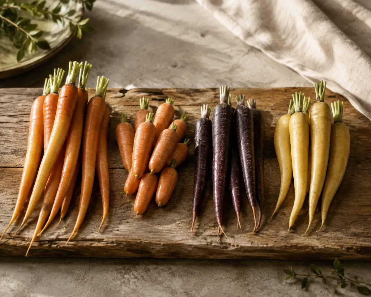 Four bunches of carrots in a row on weathered wood, long tapered orange, short stubby orange, deep purple and pale yellow