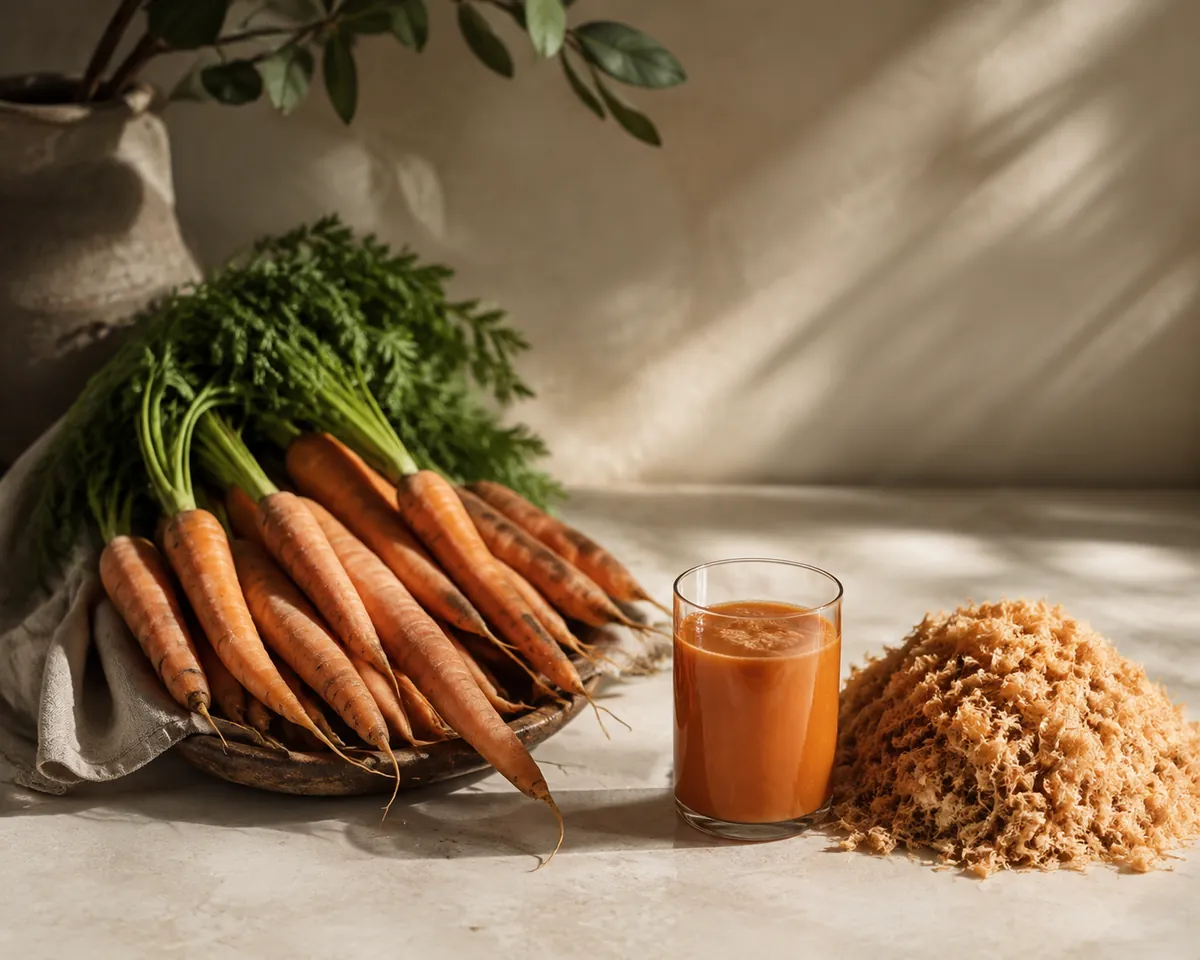 A kilogram of carrots beside the single glass of juice and the heap of pulp it produced