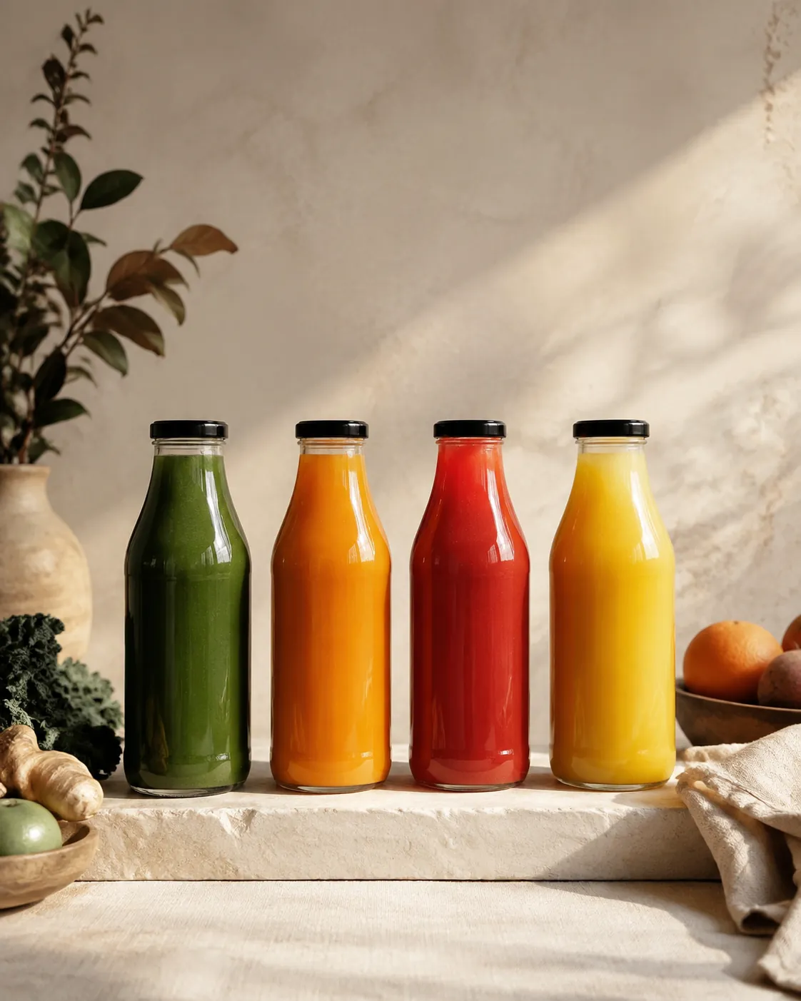 Four plain bottles of juice in a row, from deep green through orange to cloudy gold