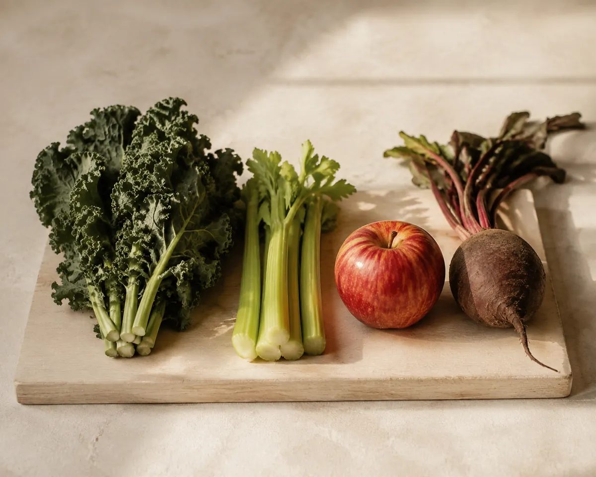 Kale, celery, apple and beetroot laid out in a row on a pale board before pressing