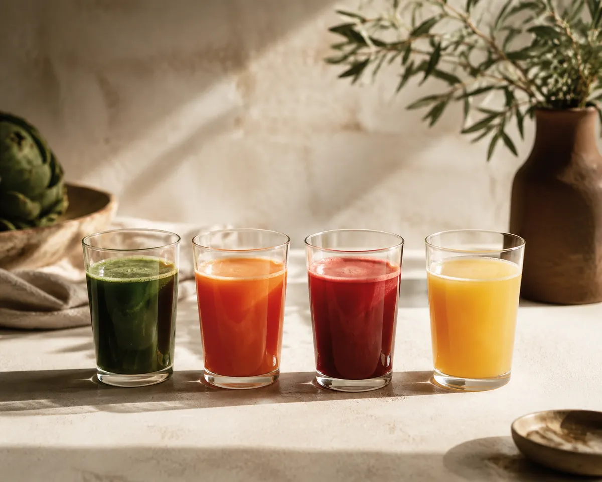 Four glasses of juice in a row from deep green through orange to pale gold
