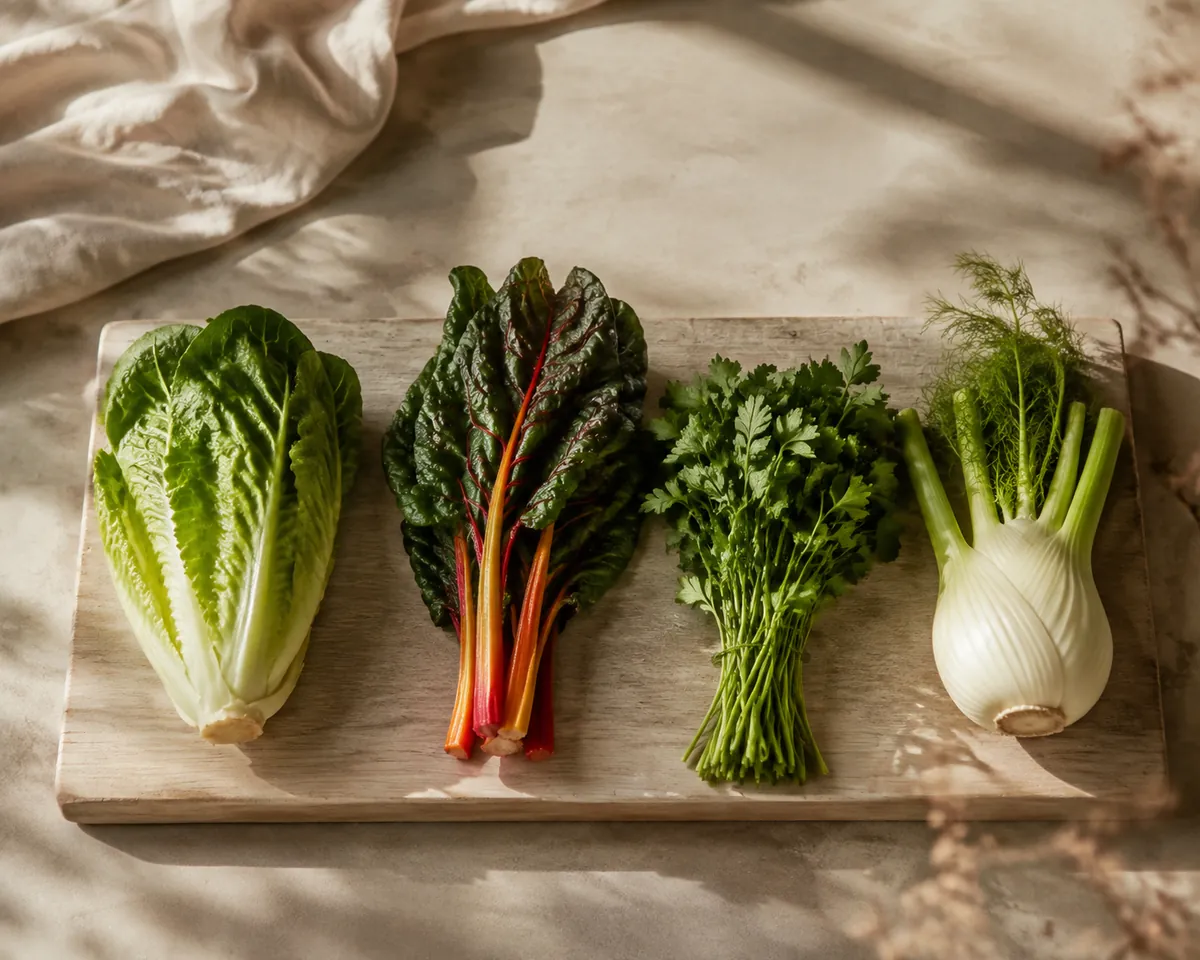 Romaine, chard, parsley and fennel laid out in a row on a pale board