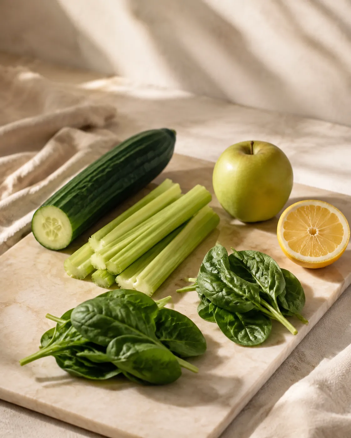 Cucumber, celery, a green apple, spinach and half a lemon arranged in proportion on a board