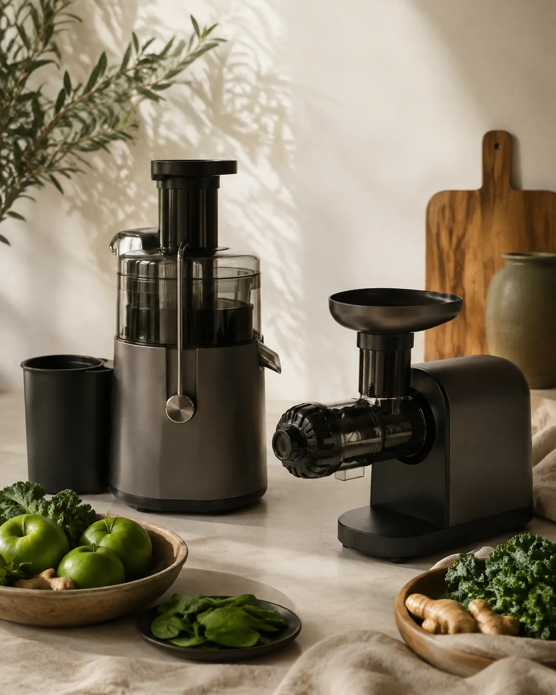 A centrifugal juicer beside a masticating auger machine, both plain and unbranded