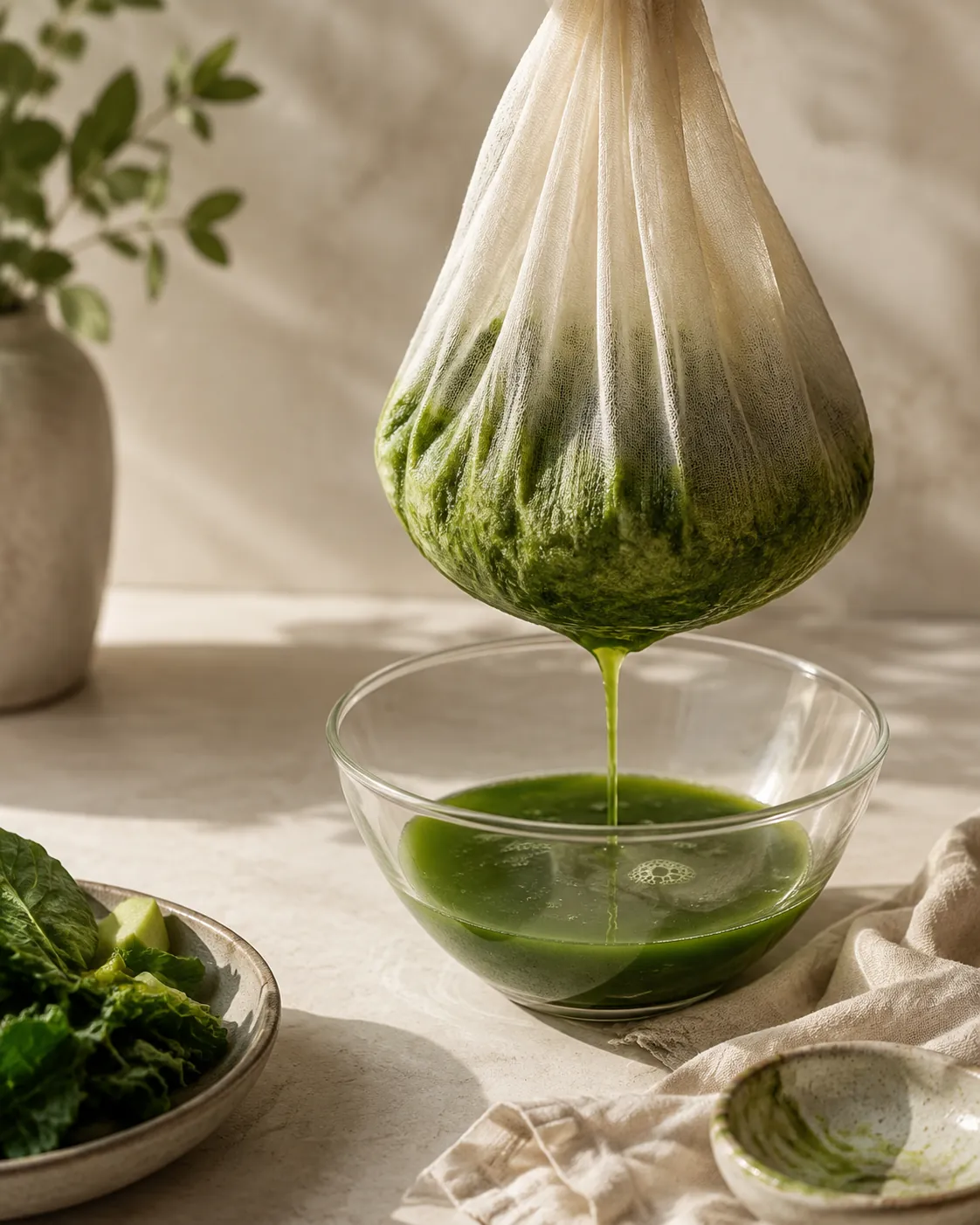 A muslin bag being wrung over a bowl with bright green juice running from it