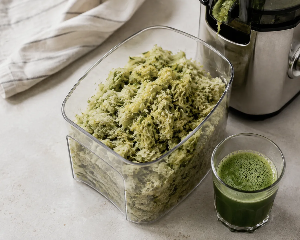 A juicer's pulp container full of dry pale green shredded fibre beside a small glass of deep green juice