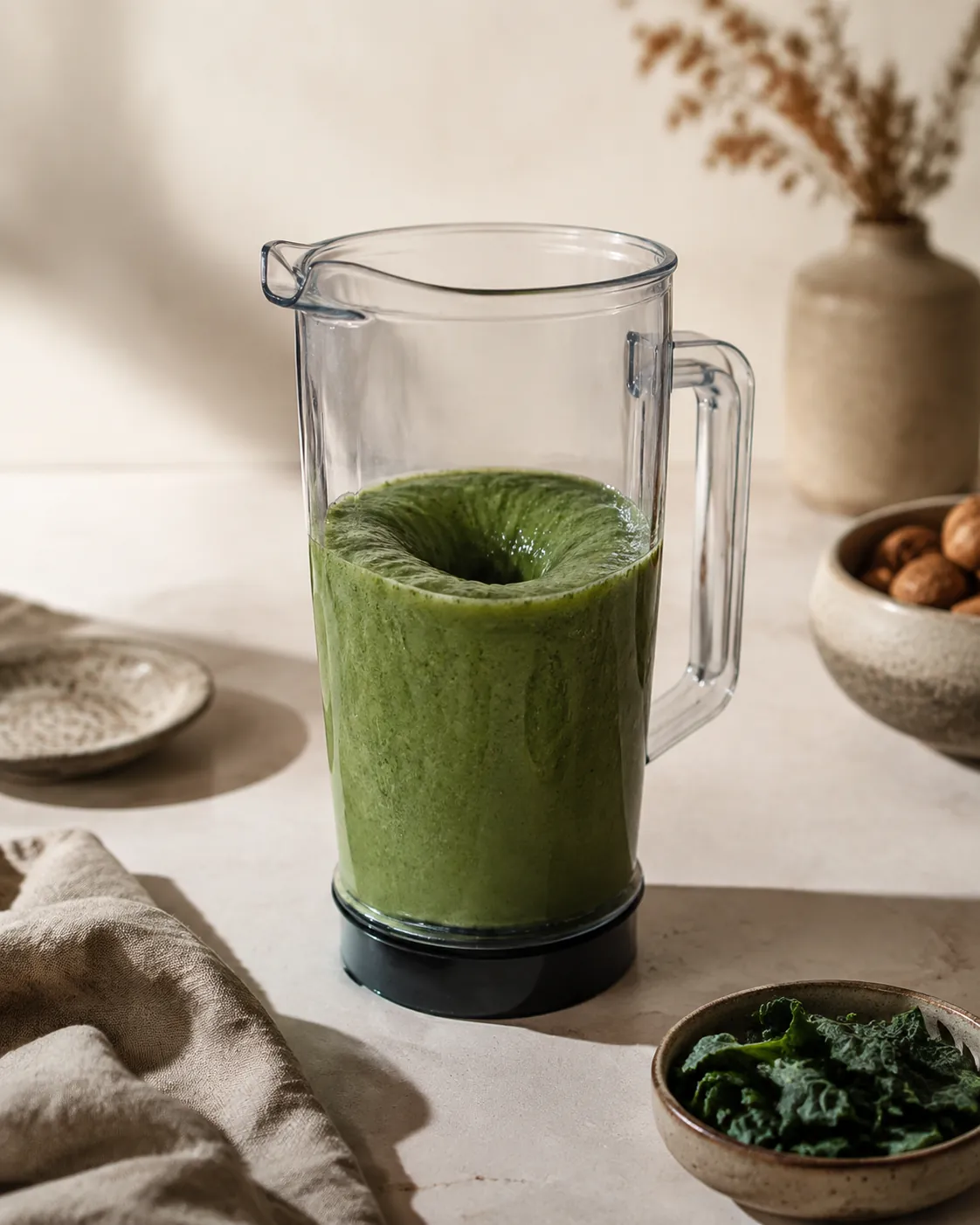 A tall narrow blender jug half full of green smoothie mid-vortex