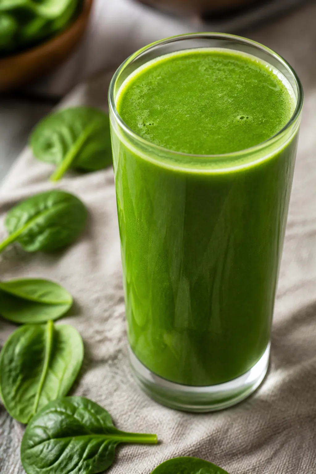 A tall glass of bright green smoothie beside fresh spinach leaves, a halved banana and a wedge of green apple