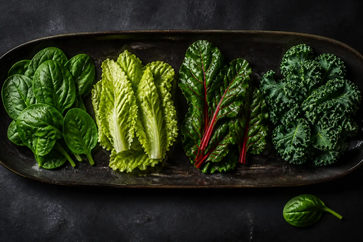 Four piles of leafy greens on a dark dish: smooth spinach, pale romaine, ribbed chard and curly dark kale