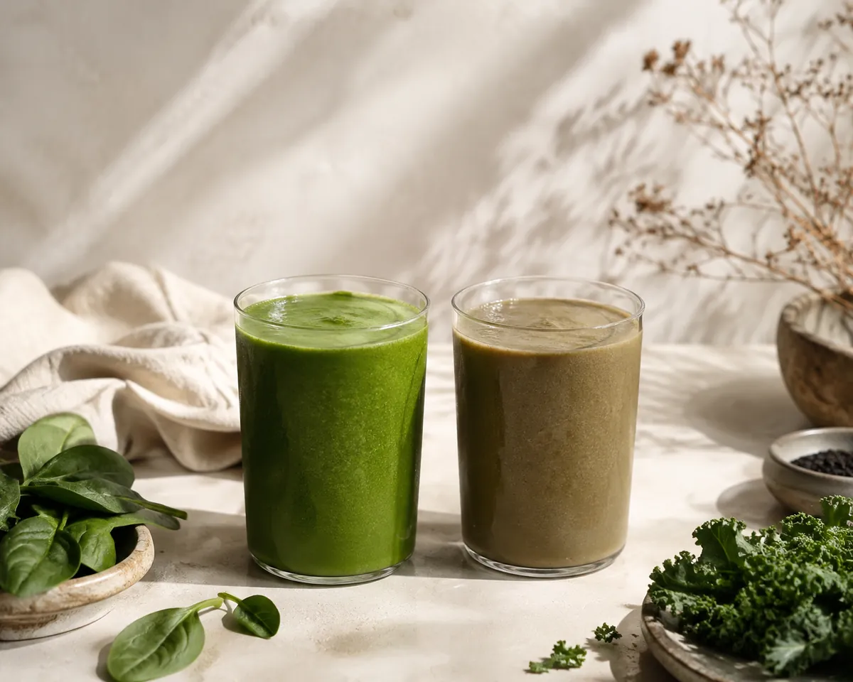 Two glasses of green smoothie, the left vivid green and the right dulled to khaki brown