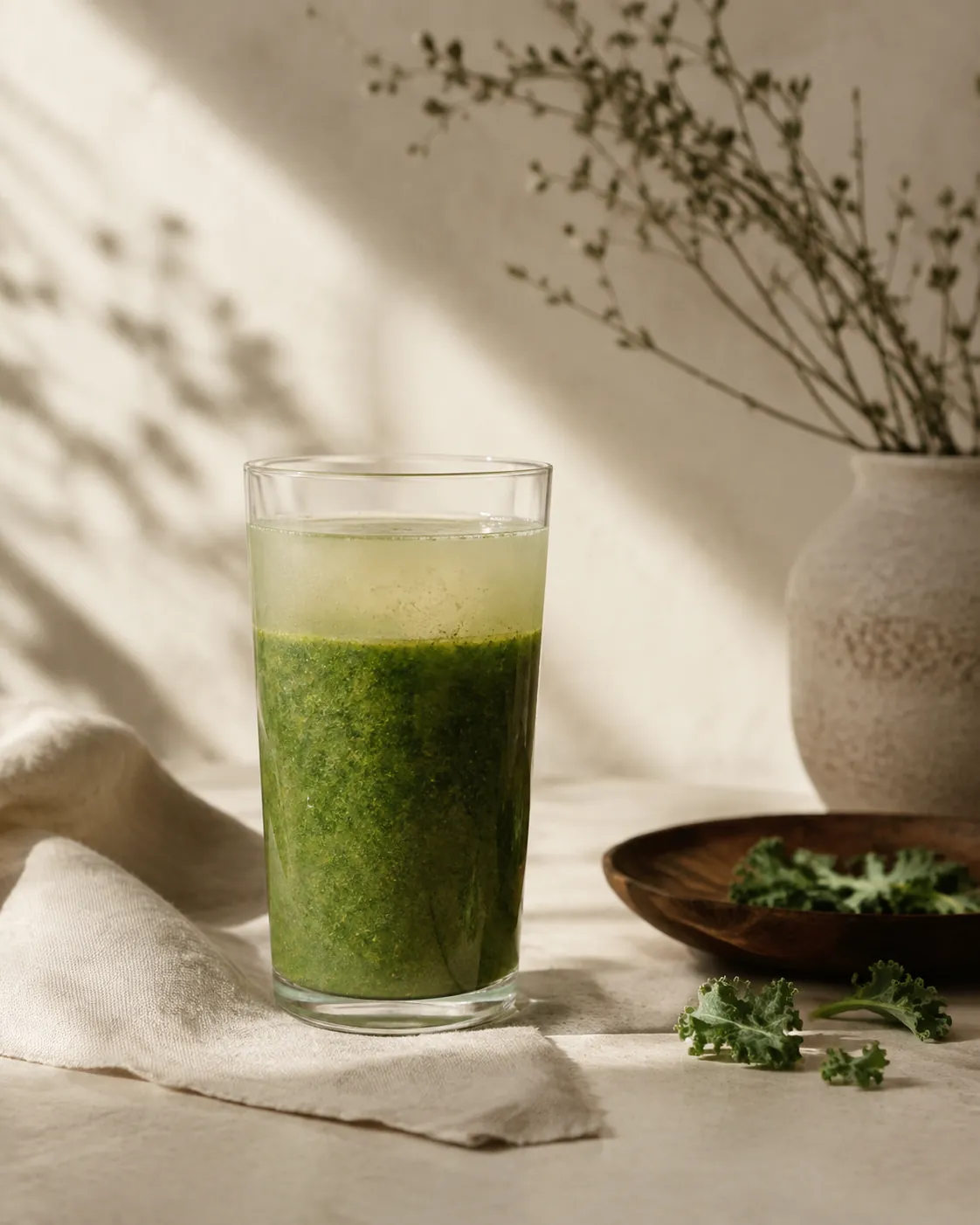 A glass of green smoothie beginning to separate, a thin paler layer forming at the top