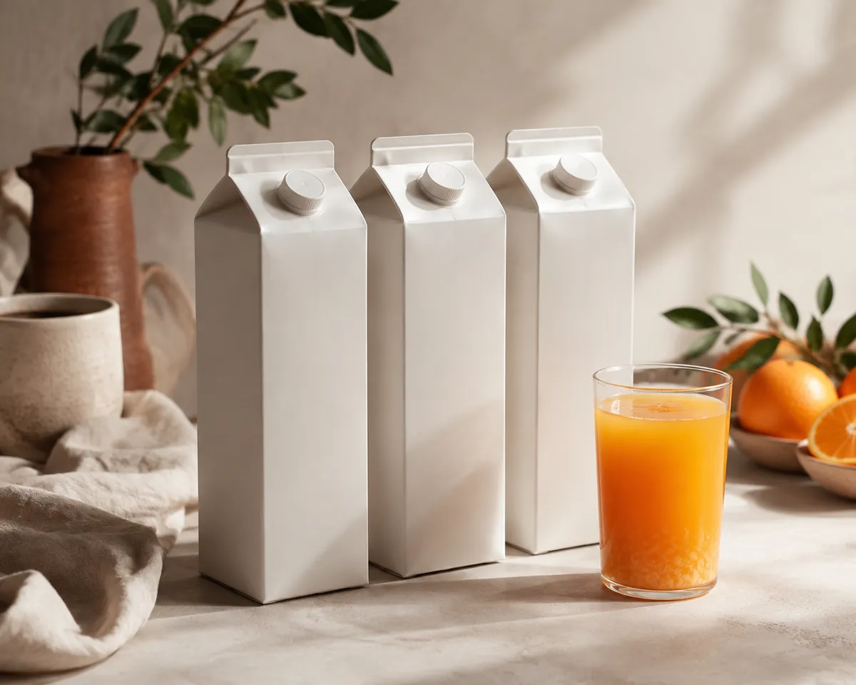 Three plain juice cartons standing beside a glass of freshly squeezed juice with pulp settling
