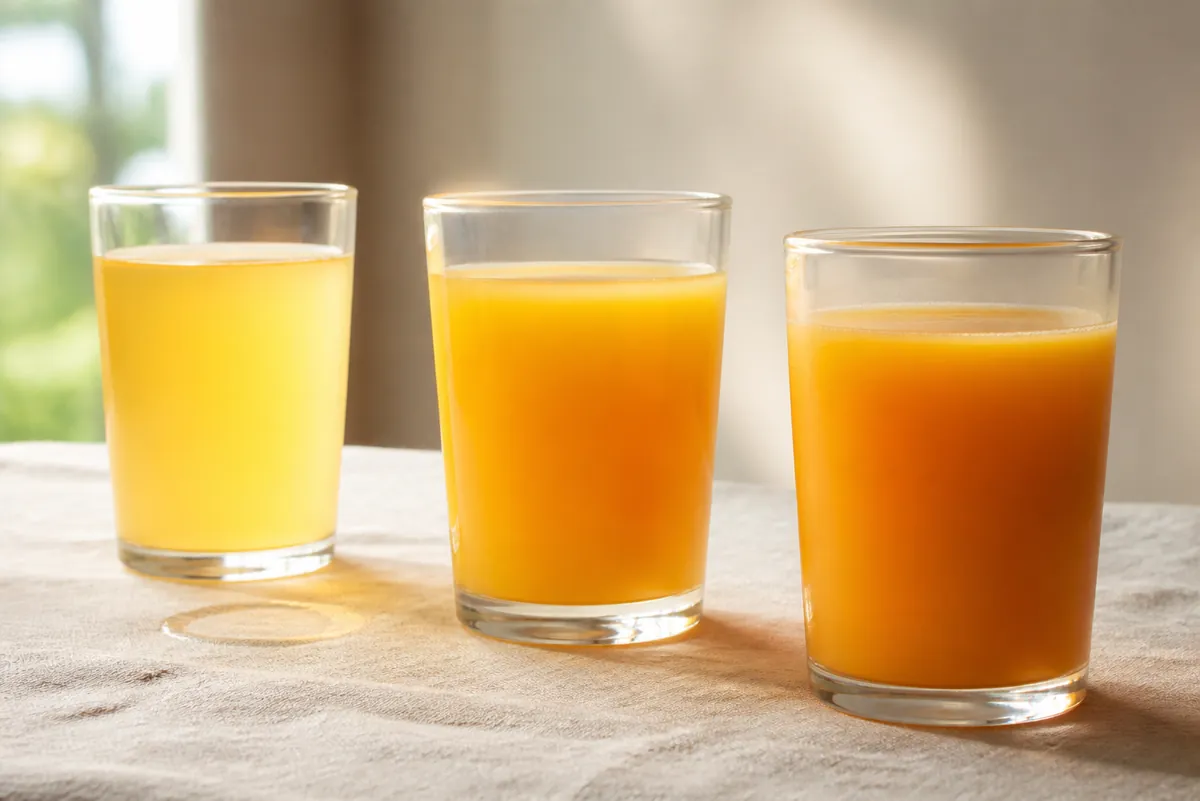 Three glasses of orange juice side by side backlit, showing slightly different colours and levels of cloudiness