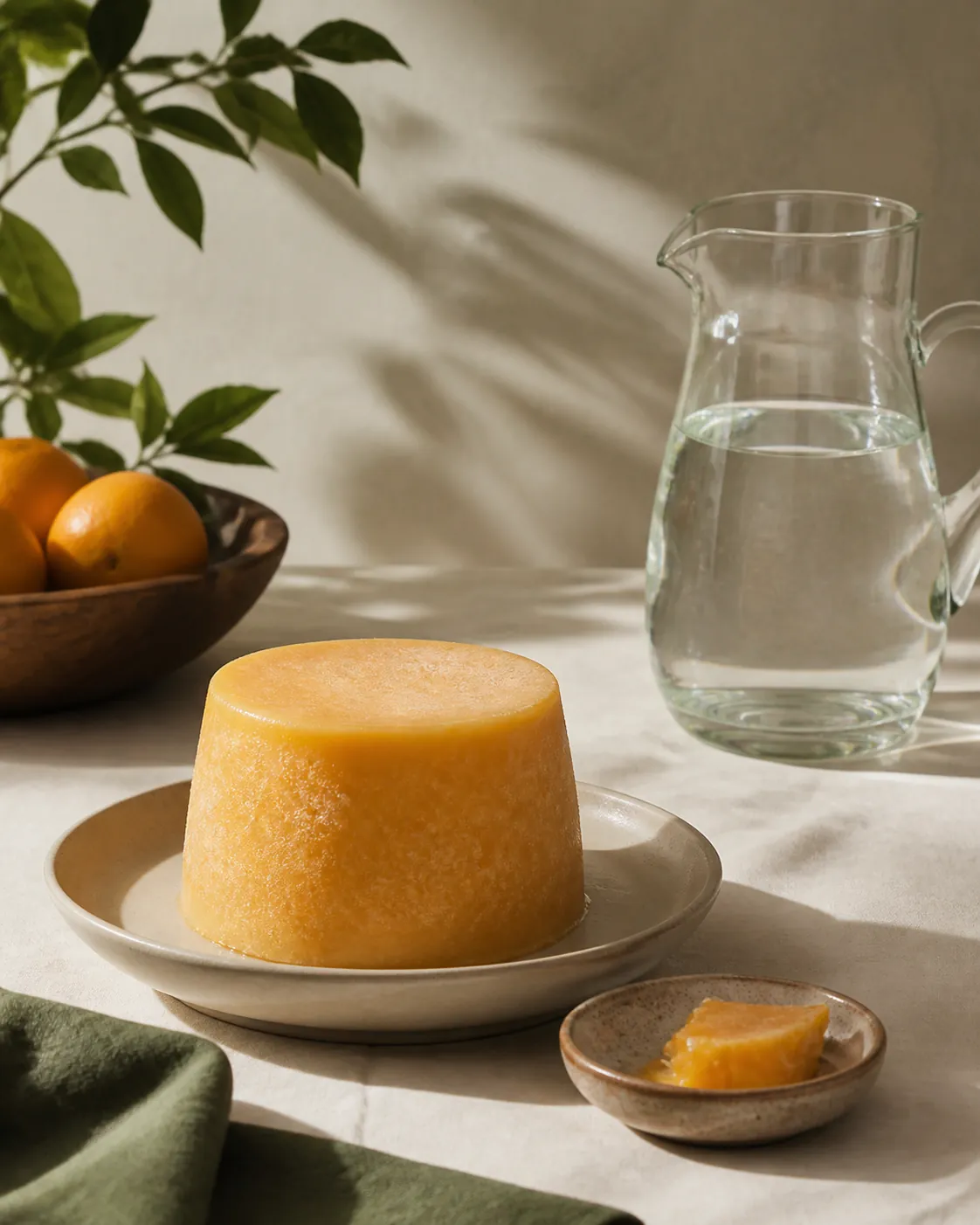 A block of frozen orange concentrate turned out of its tub beside a jug of water