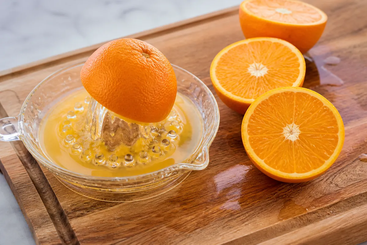 Halved oranges on a glass citrus reamer with juice and pulp collecting in the base, more halved oranges on a board beside it