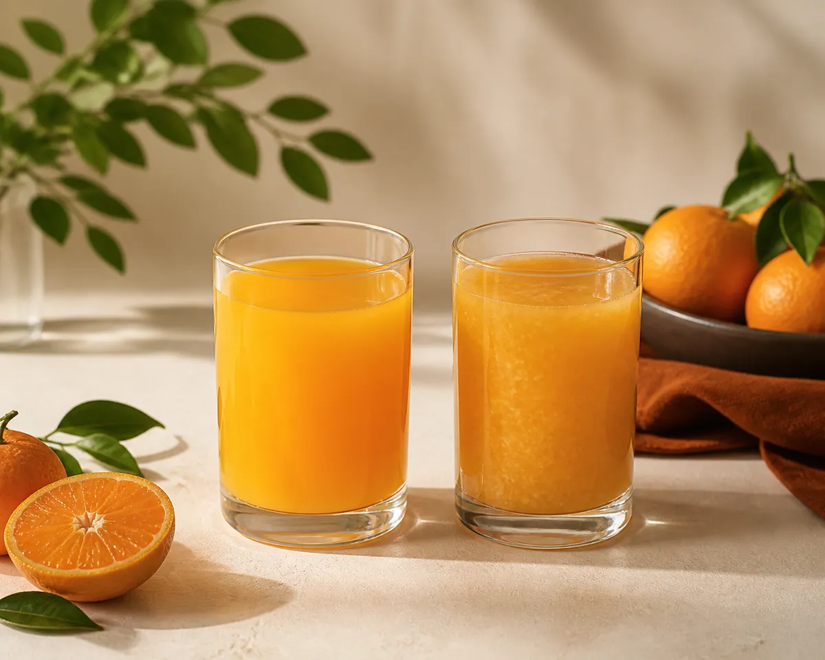 Two glasses of orange juice, the left smooth and clear-edged and the right dense with visible pulp