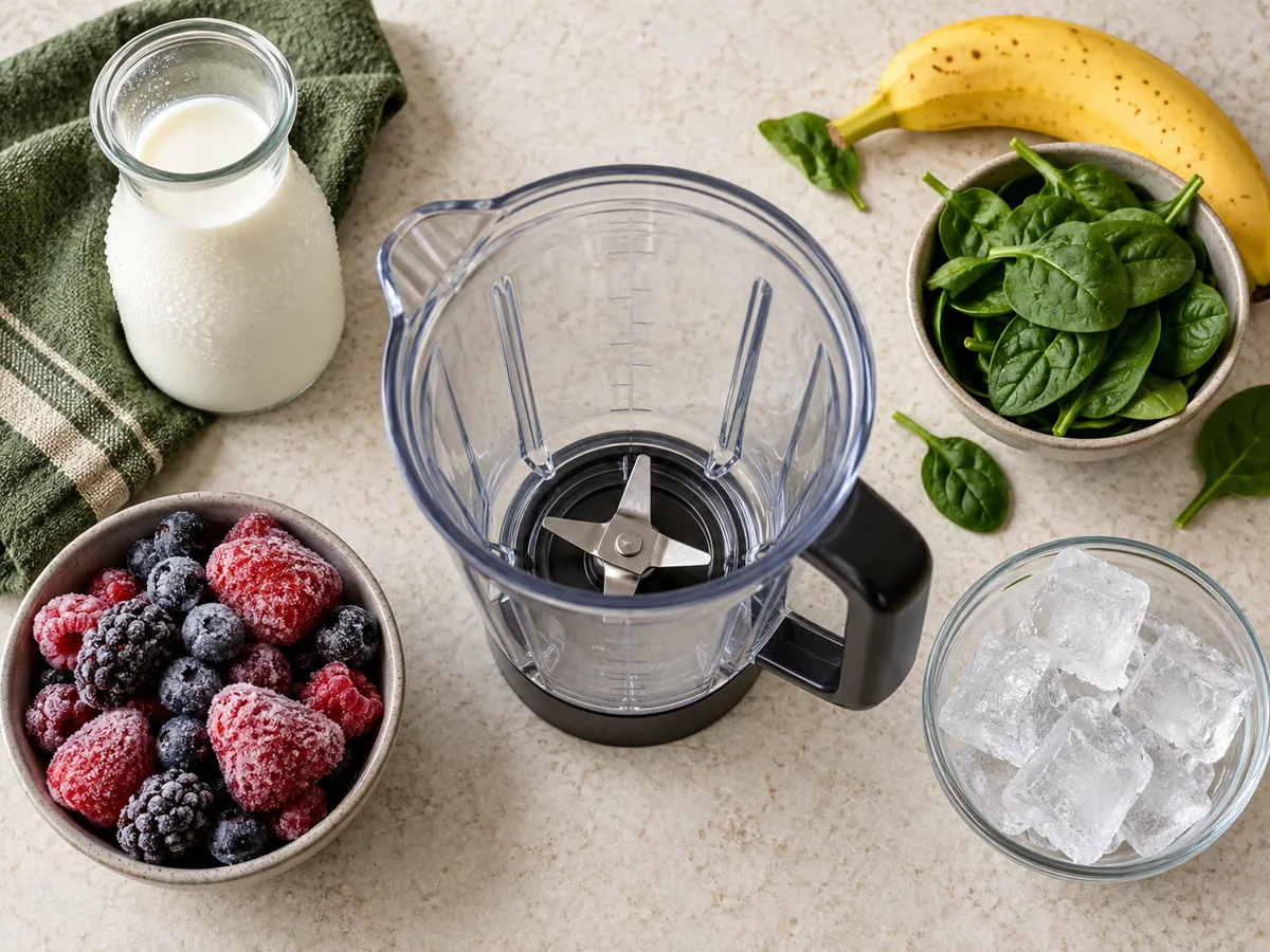 Chilled milk, frozen berries, ice cubes, and room-temperature fruit arranged around an empty blender jar