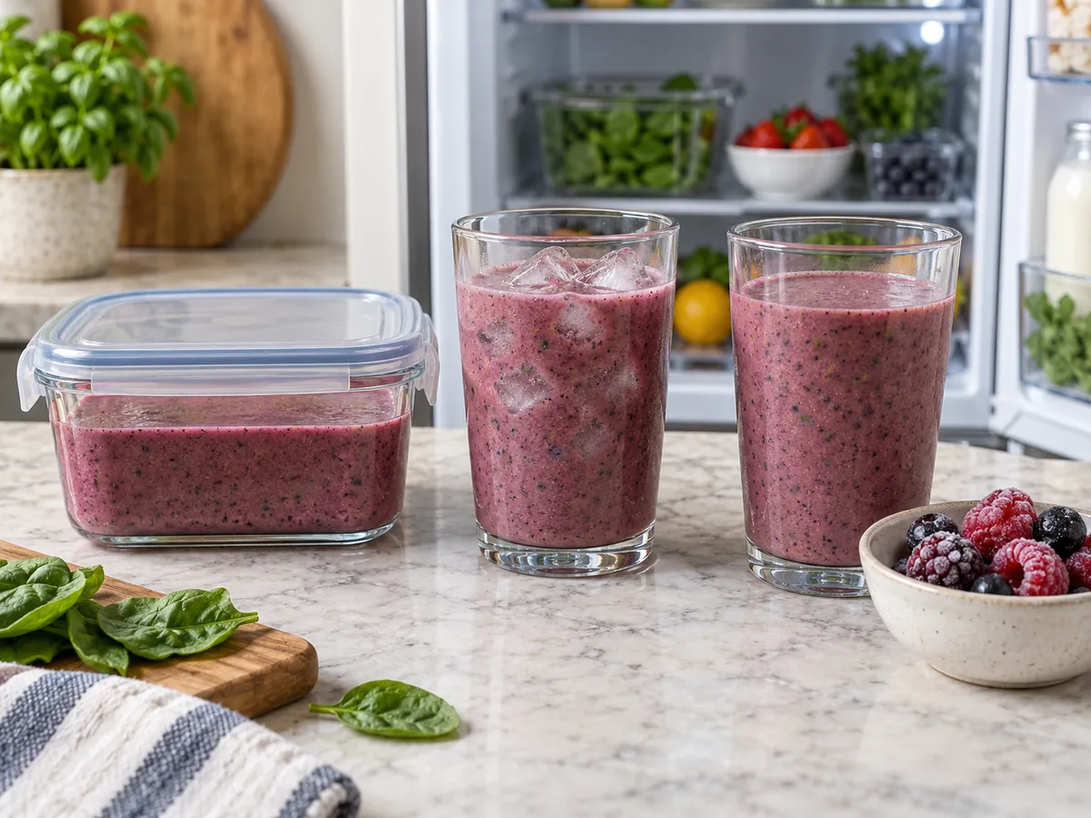 Equal portions of one smoothie cooling in a covered dish, over ice, and with frozen berries