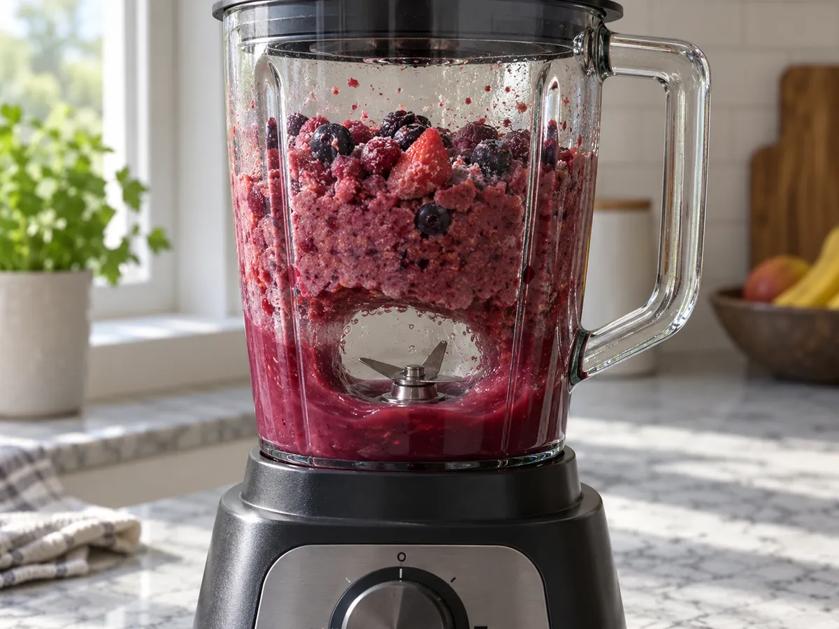 Clear blender jar with moving smoothie near the blades and a stationary frozen layer above