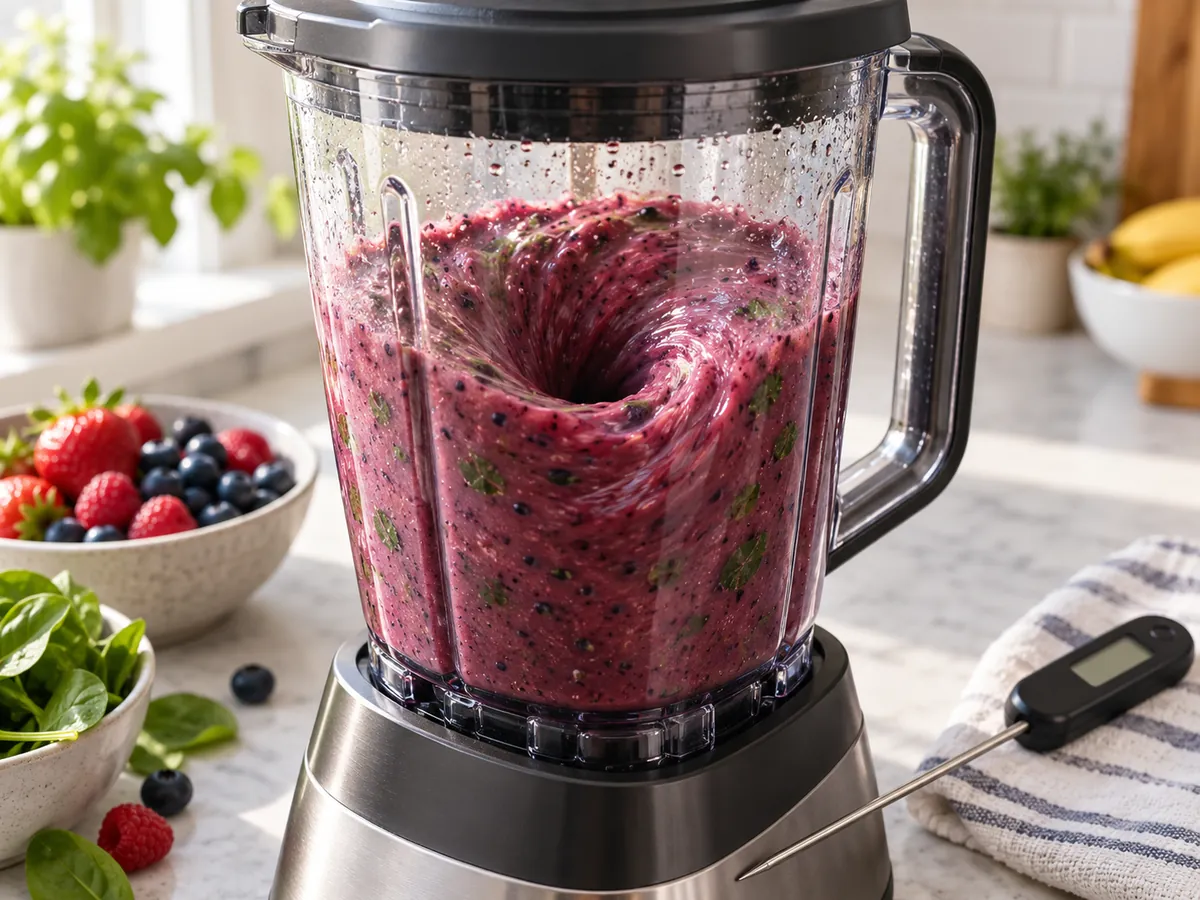 Berry smoothie forms a strong vortex in a clear blender jar beside a kitchen thermometer