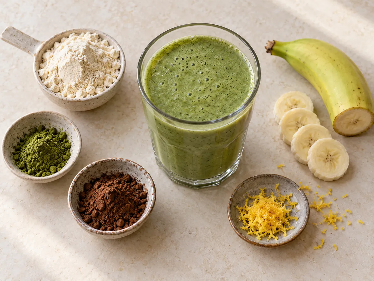 Measured protein powder, matcha, cocoa, citrus zest, and underripe banana arranged around a green smoothie