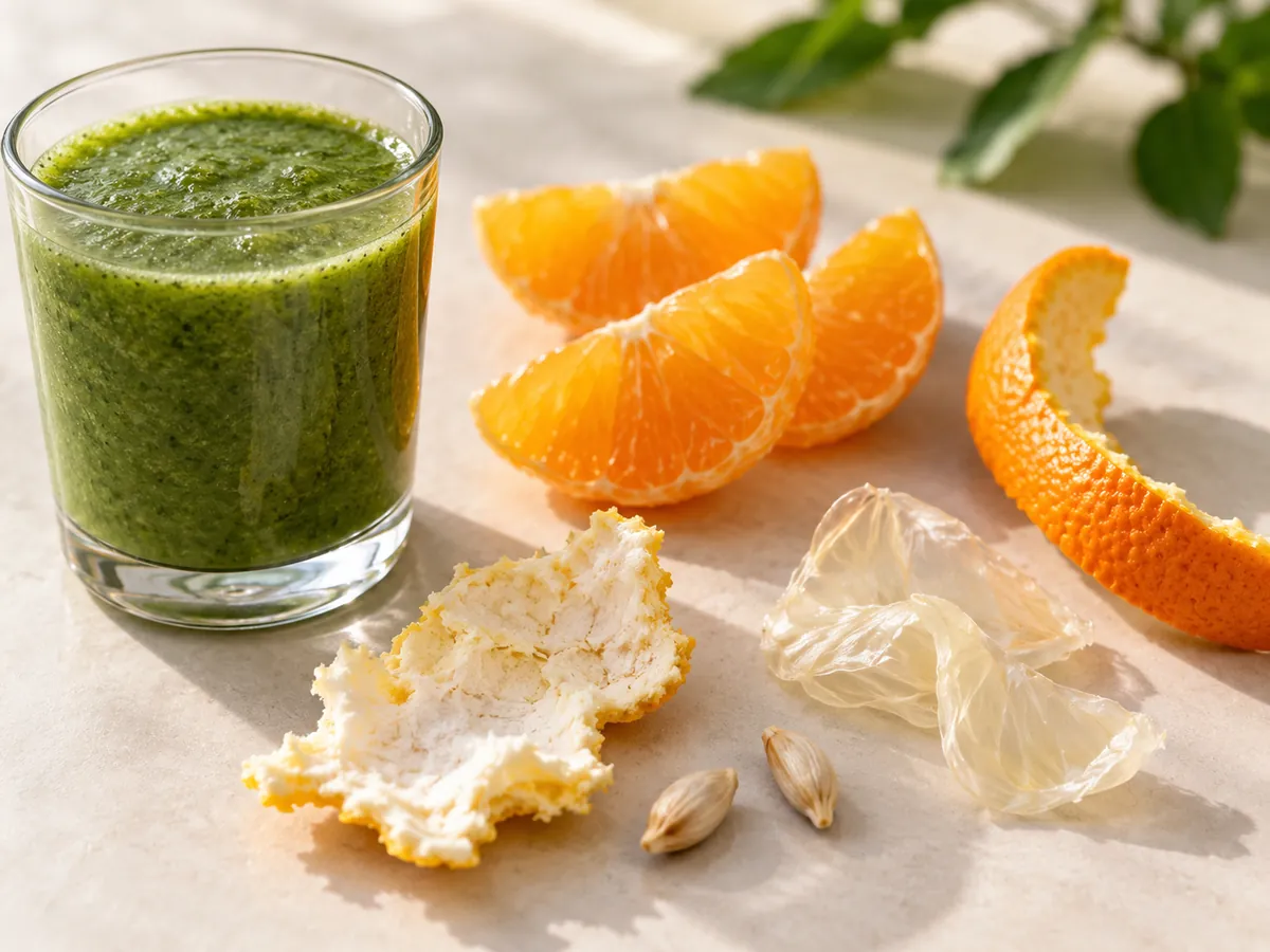 Orange separated into clean segments, white pith, peel, membranes, and seeds beside a green smoothie