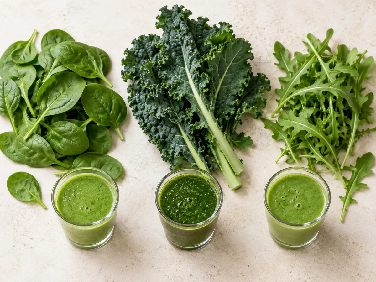 Baby spinach, mature kale leaves, kale stems, and arugula beside small green smoothie samples