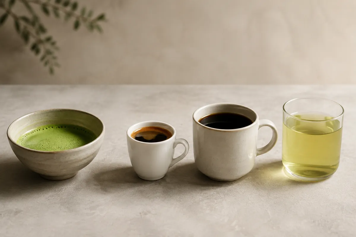 A bowl of whisked matcha, a small espresso cup, a mug of black filter coffee and a glass of pale green tea standing in a row