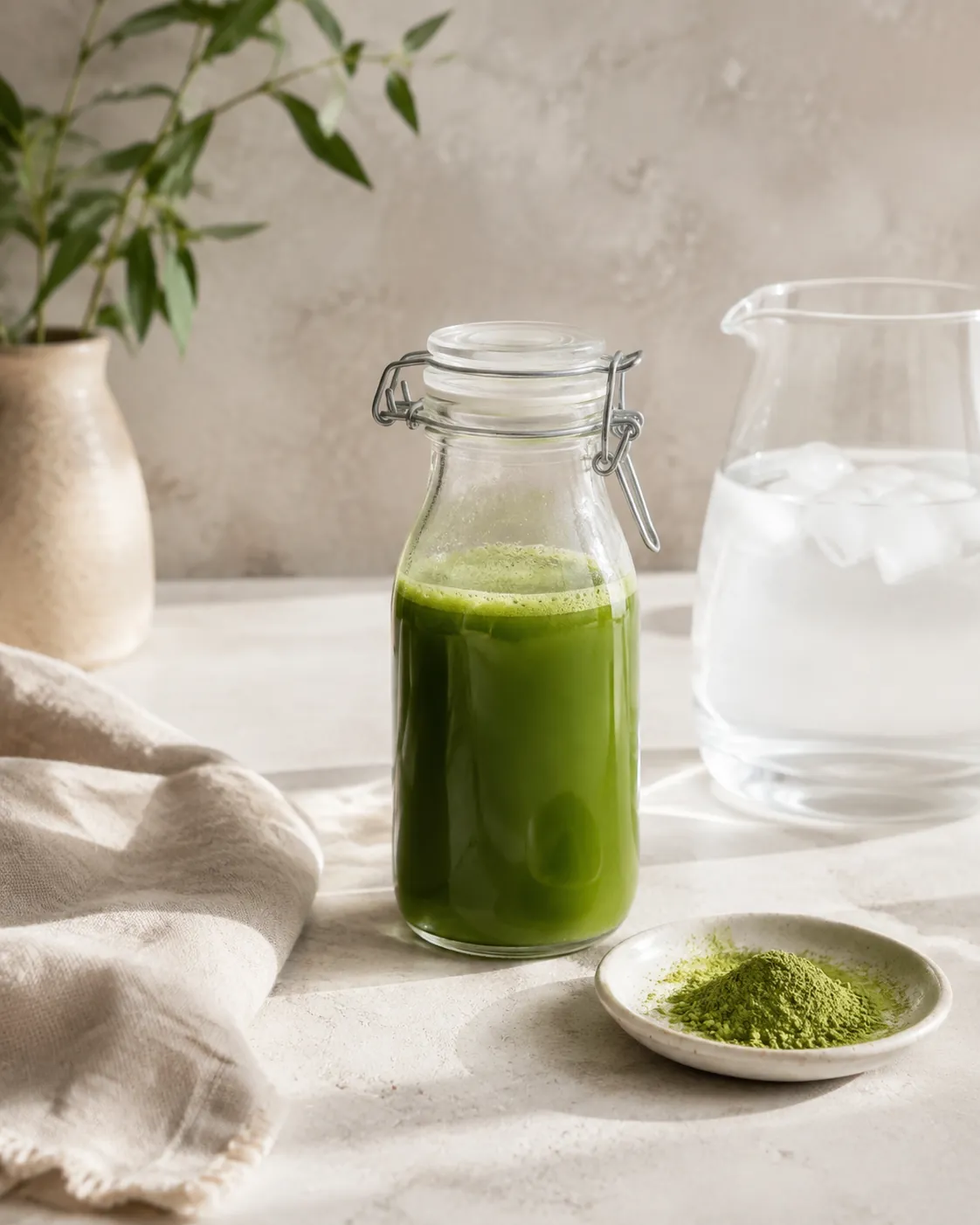 A sealed glass jar of cold green matcha and water beside a small dish of powder and a jug of iced water