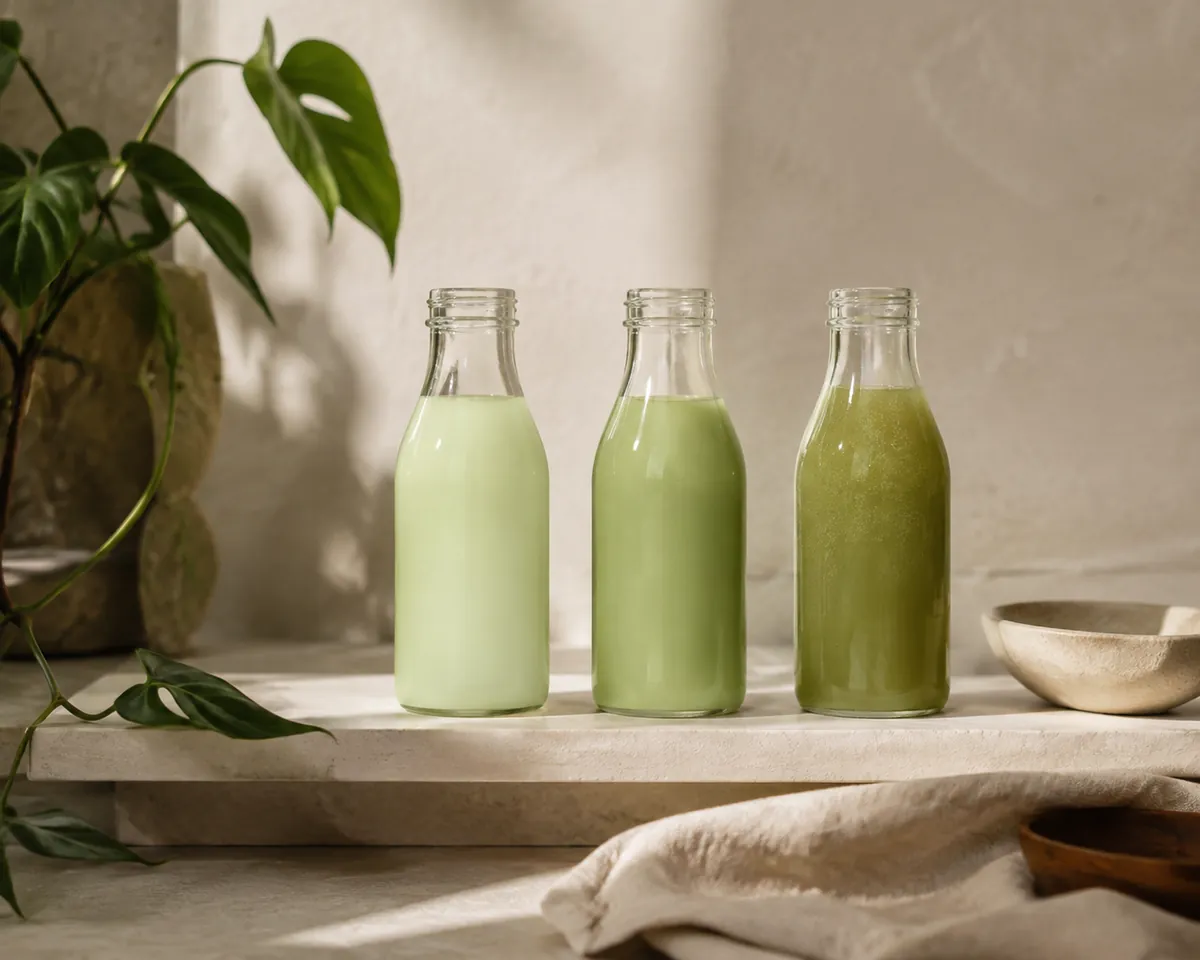Three plain bottles of green drink standing in a row, differing in shade and opacity