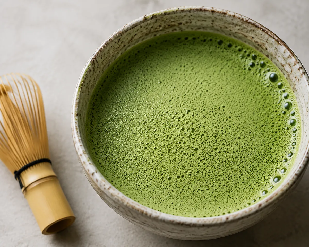A wide ceramic bowl of whisked green matcha with fine foam, beside a small dish of matcha powder and a bamboo scoop