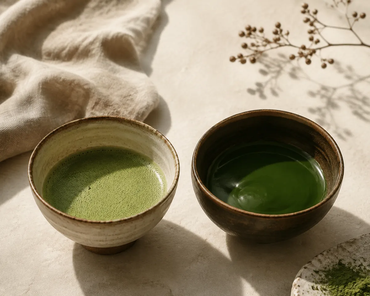 Two matcha bowls side by side, the left a thin bright usucha with foam and the right a thick dark glossy koicha with none