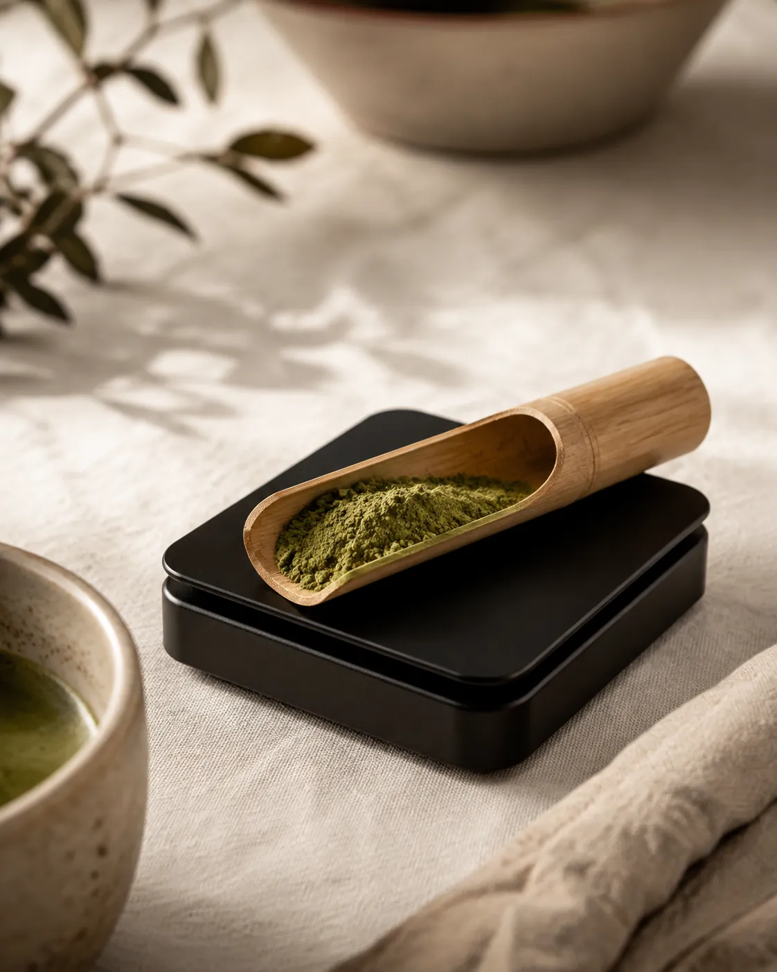 A small precision scale holding a bamboo scoop of matcha powder on a pale stone surface, the display turned away