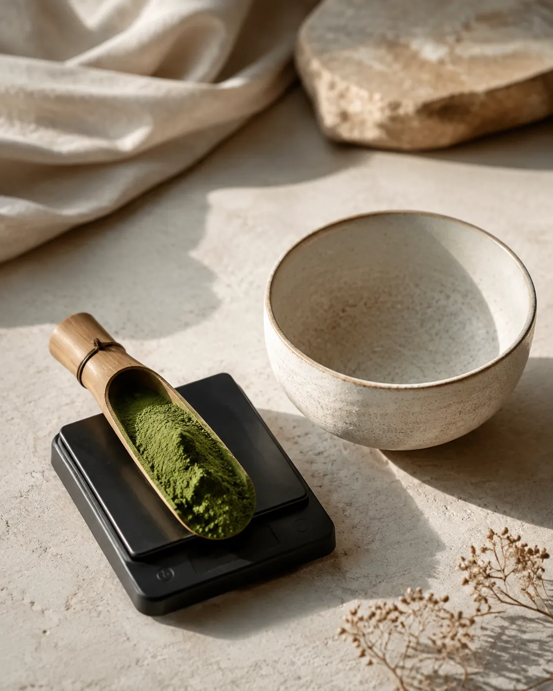 A bamboo scoop of matcha resting on a small precision scale beside an empty bowl