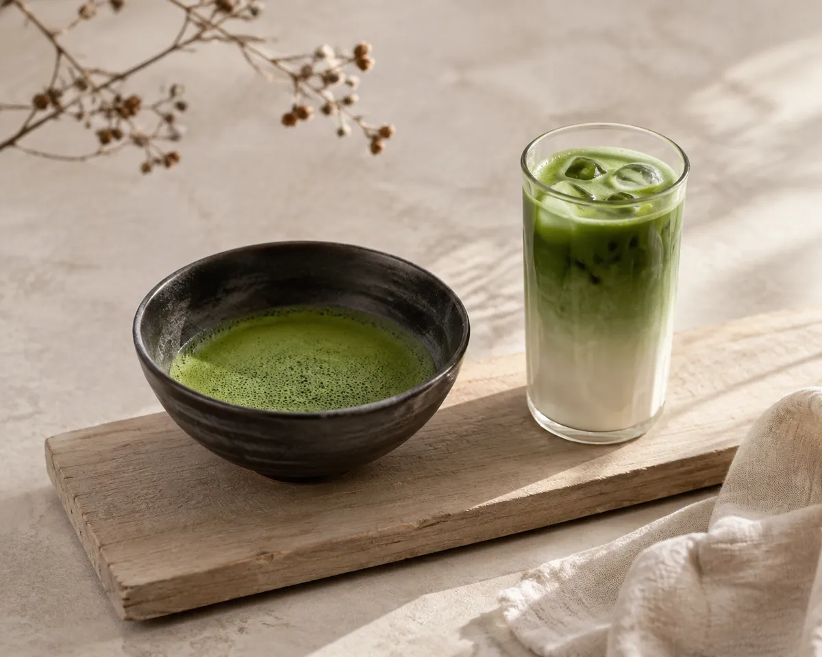 A wide ceramic bowl of bright whisked matcha beside a tall glass of pale green matcha latte on the same bench