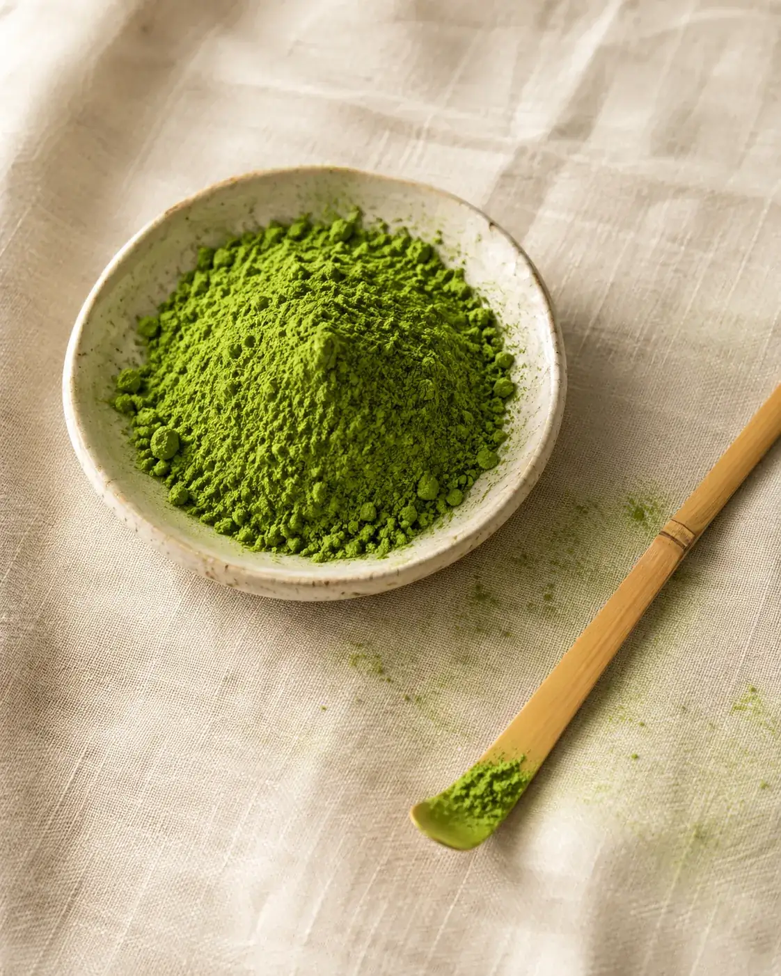 Vivid green matcha powder in a small dish beside a bamboo scoop