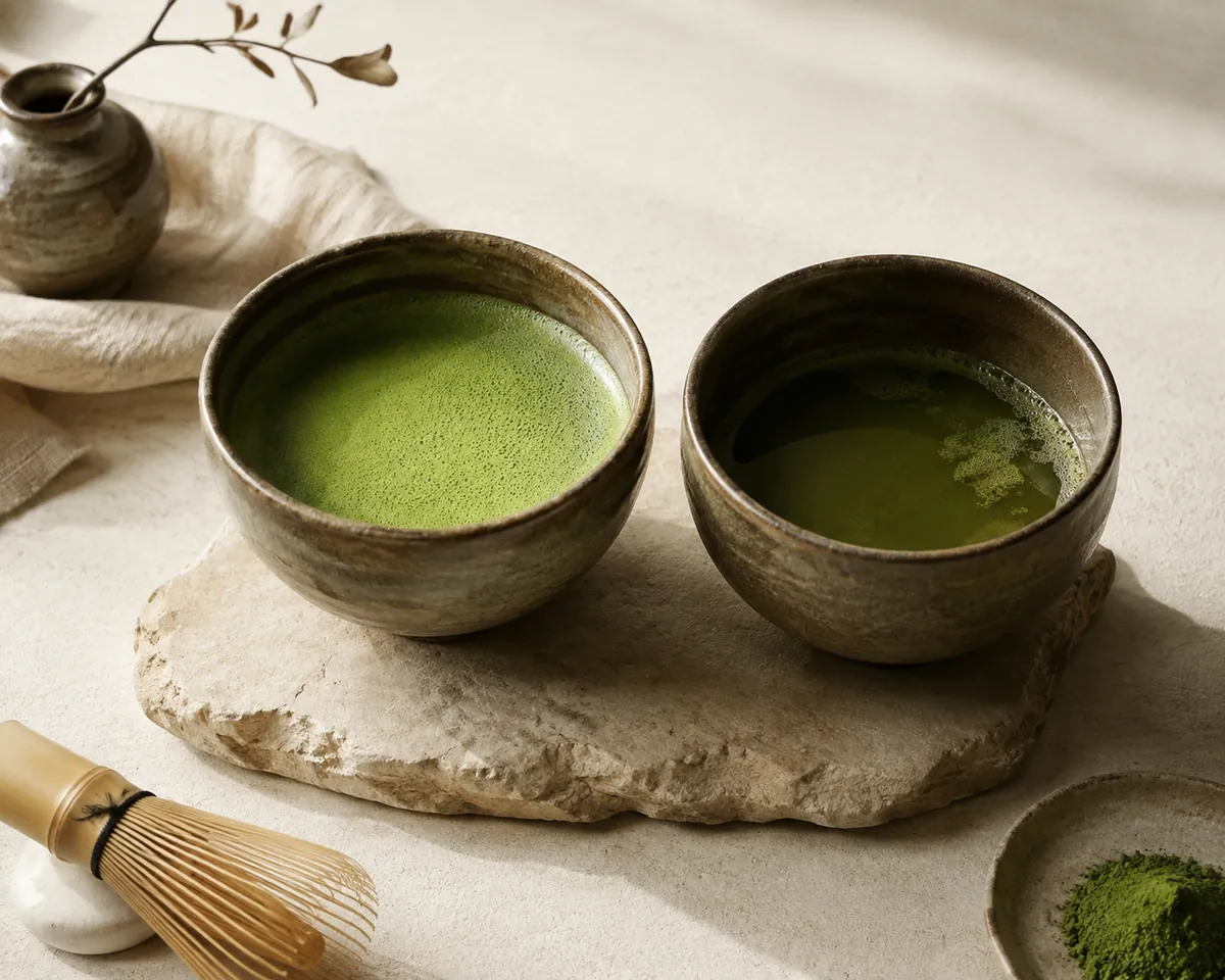 Two ceramic bowls of whisked matcha side by side, the left bright green under a fine even foam and the right duller with a thin patchy surface