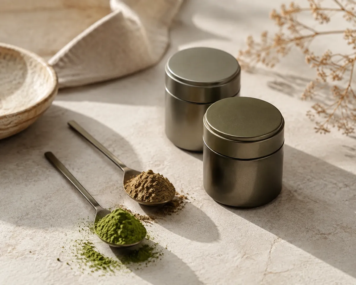 Two small unlabelled matcha tins beside a spoon of bright green powder and a spoon of dull khaki powder on pale stone