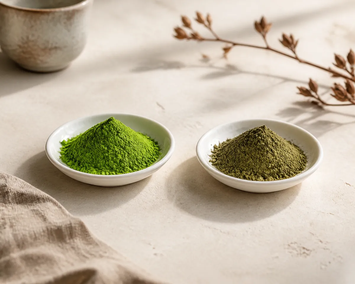 Two small dishes of green powder side by side in daylight, the left vivid jade and the right dull olive green