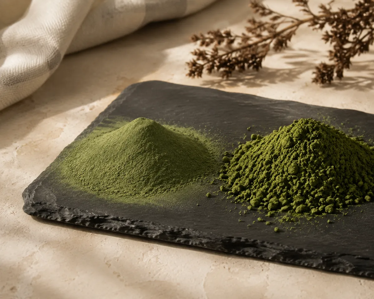 A close view of two powders on dark slate, the left smooth and talc-like, the right visibly granular