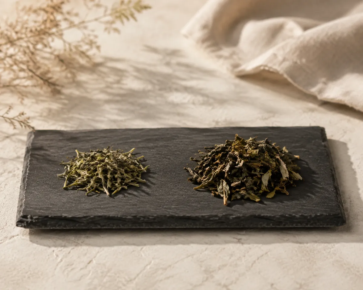 Two piles of dried tea leaf on dark slate, the left small soft young shoots and the right larger coarser leaves with visible stem