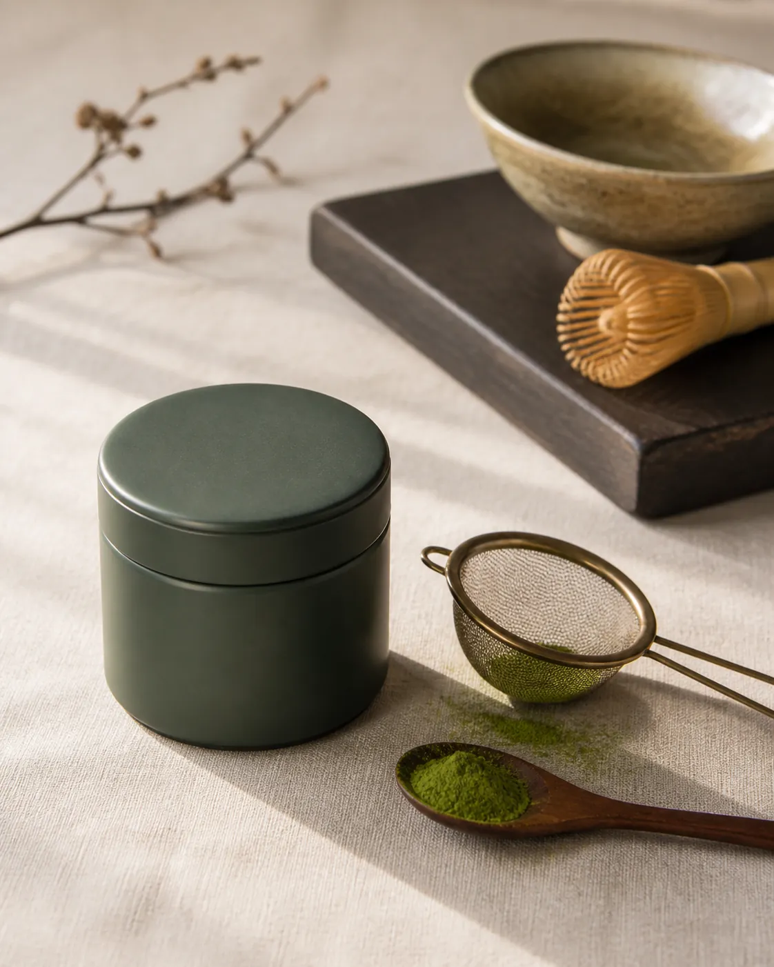 A sealed matcha tin on a cool dark shelf with a small sieve and a spoon of bright green powder resting beside it