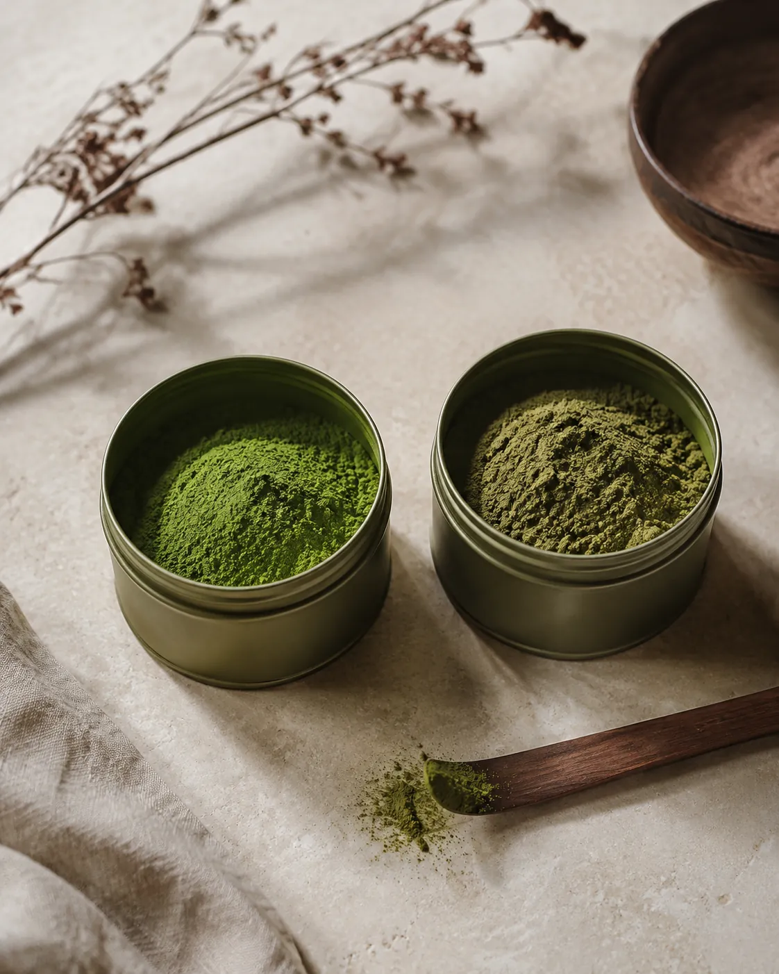Two unlabelled matcha tins open on pale stone, the left holding vivid jade powder and the right a duller olive green