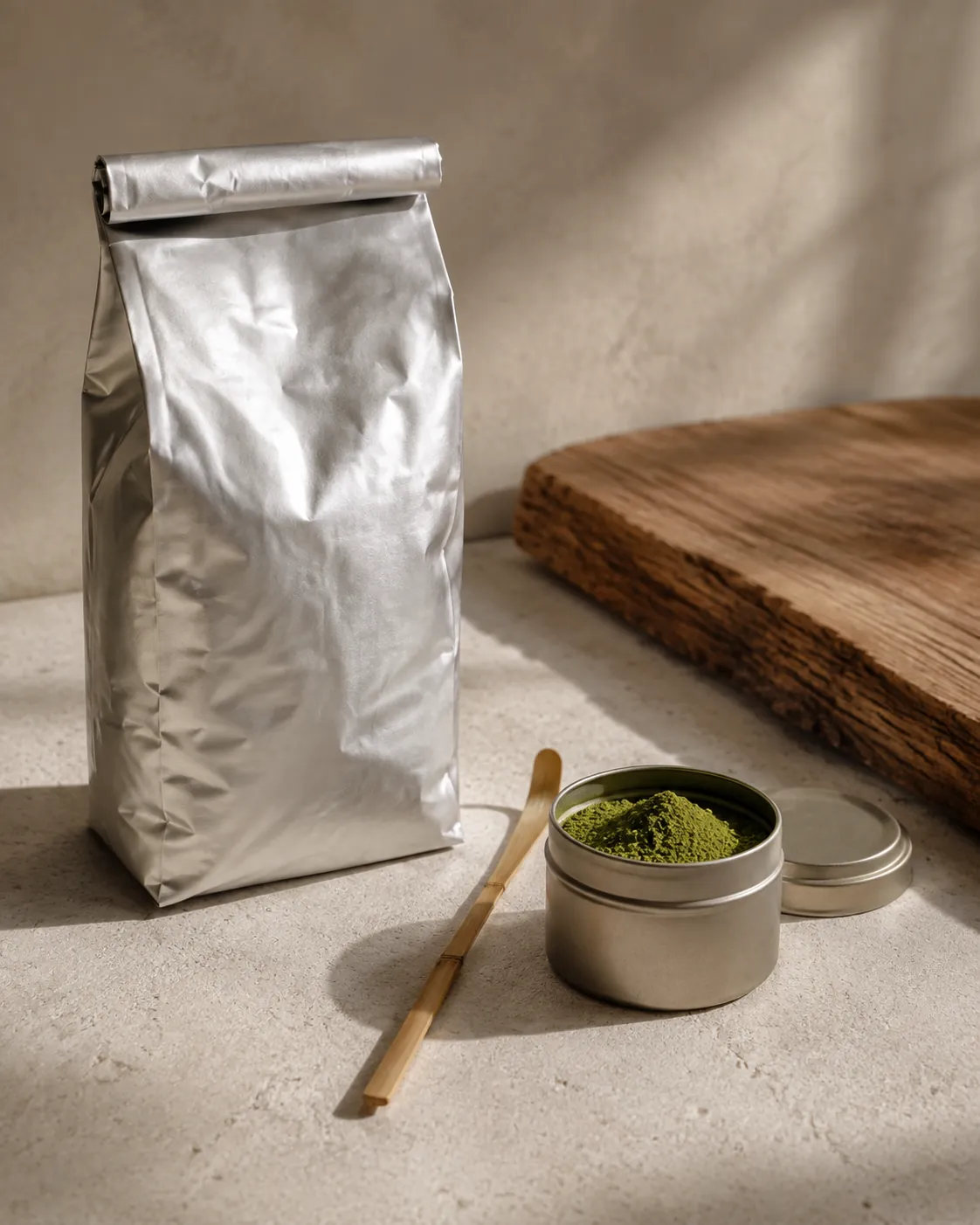 A large unmarked foil bag of matcha powder rolled shut beside a small working tin half full, a bamboo scoop between them