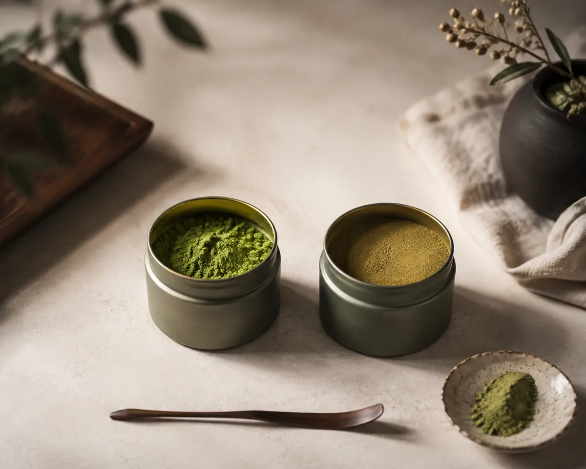 Two open tins of matcha side by side, the left a vivid fresh green and the right dulled to a flat yellow-olive